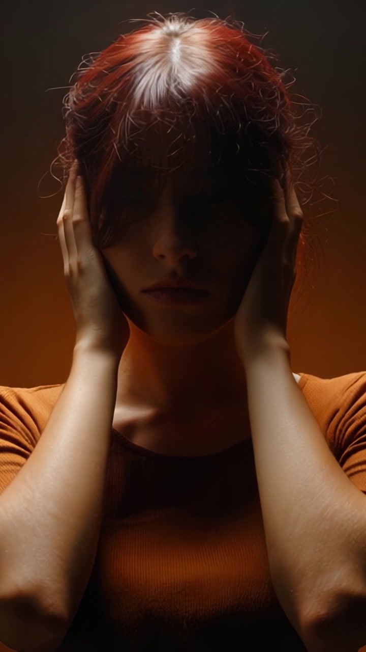 Una donna pensierosa con i capelli rossi si tiene la testa tra le mani, esprimendo un senso di turbamento e introspezione su uno sfondo di illuminazione calda e misteriosa.