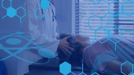 animation of chemical formula over caucasian surgeon examining head of patient