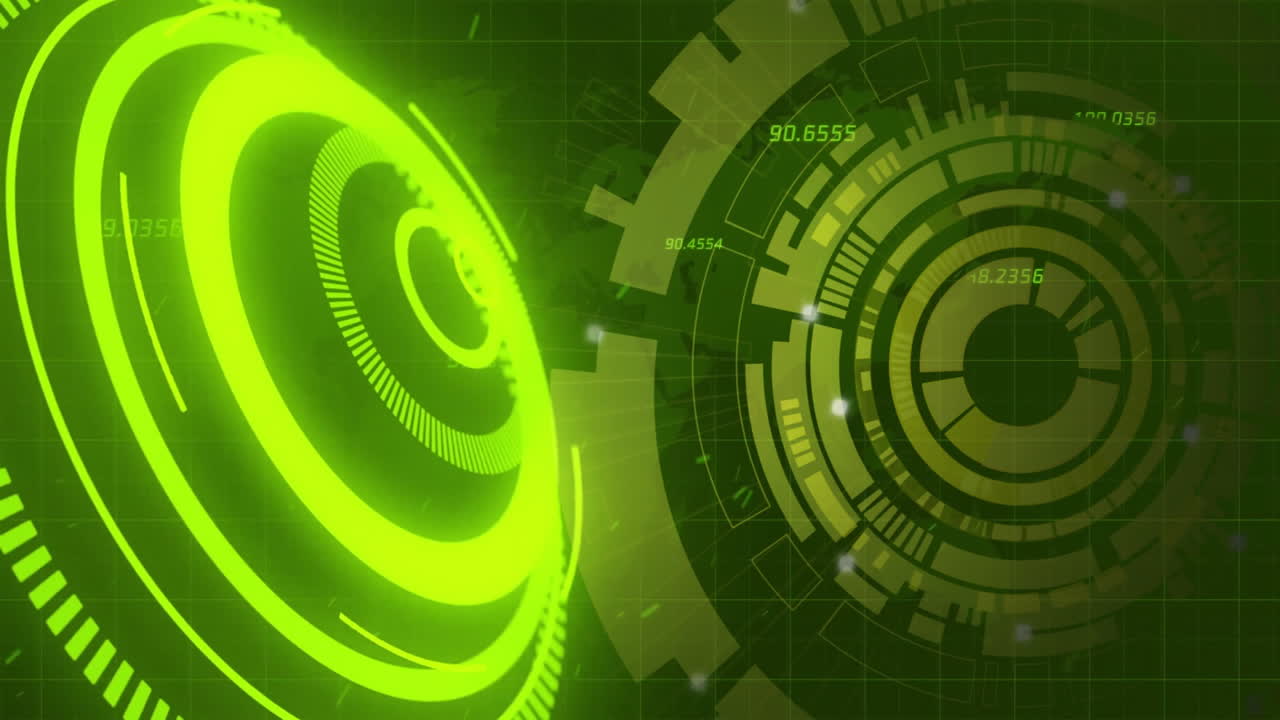 Círculos holográficos verdes giratórios e processamento de dados, animação futurista