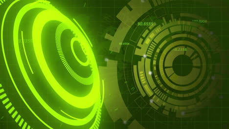 círculos holográficos verdes giratorios y procesamiento de datos, animación futurista
