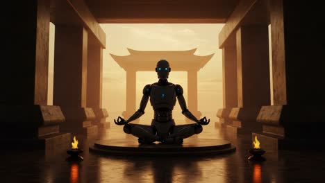 A Tranquil Robotic Presence in an Ancient Temple, Meditating in Serenity Amidst Flickering Lights and Mystical Shadows