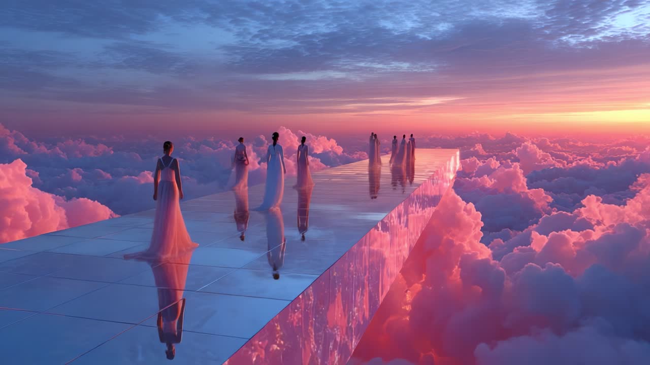 Women walking on a reflective walkway in the clouds at sunset