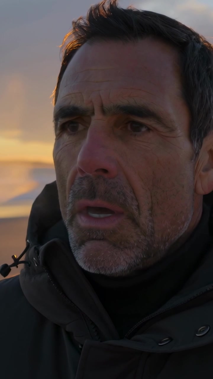Video verticale: Uomo che osserva ed espira dopo l'aria fredda su una spiaggia al tramonto, con cappotto con cappuccio, vapore del respiro.
