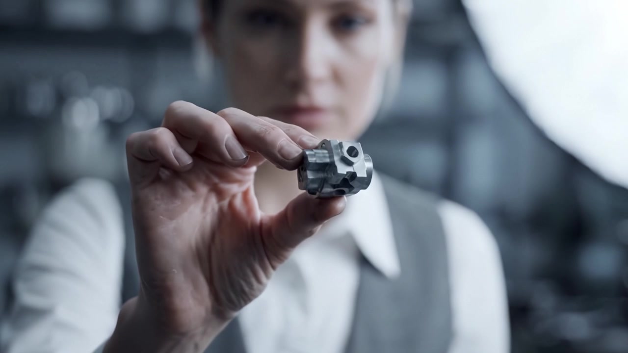 A skilled technician examines a small mechanical part, showcasing attention to detail and craftsmanship in a well-equipped workshop environment.