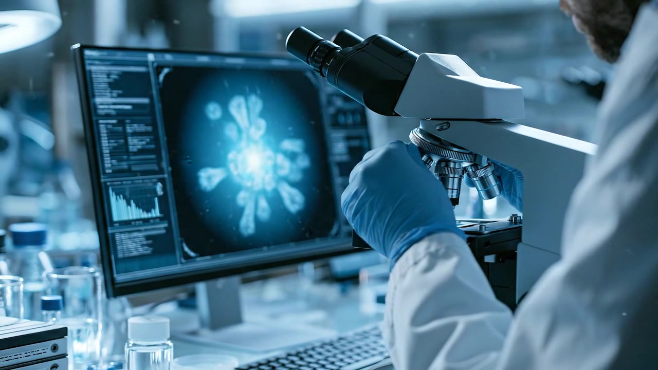 Microscope positioned beside a digital screen showing biological cell data