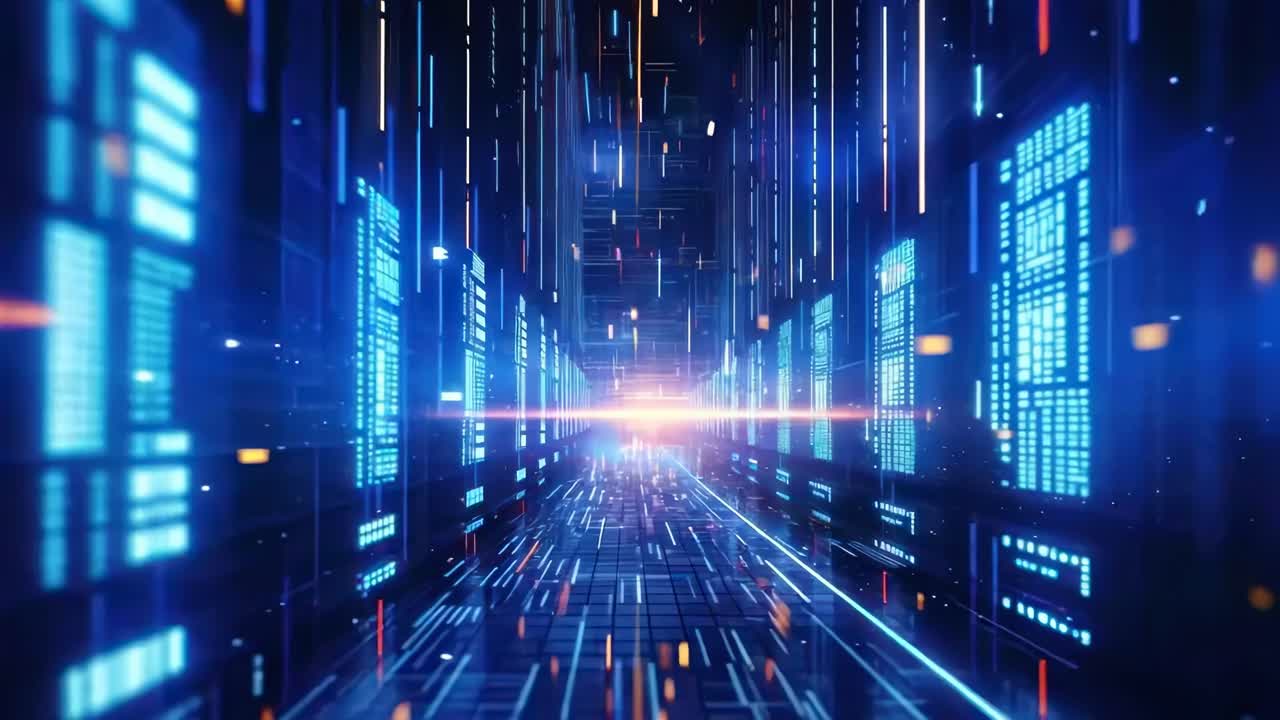 Futuristic digital corridor with glowing blue data streams, captured from a low-angle perspective