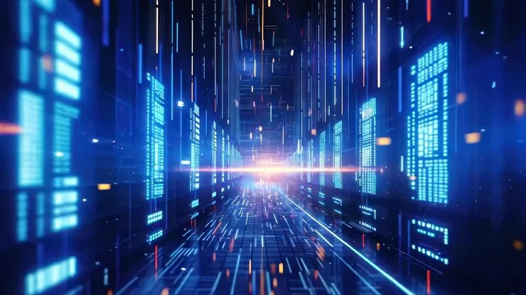 Corridoio digitale futuristico con flussi di dati blu luminosi, ripreso da una prospettiva dal basso