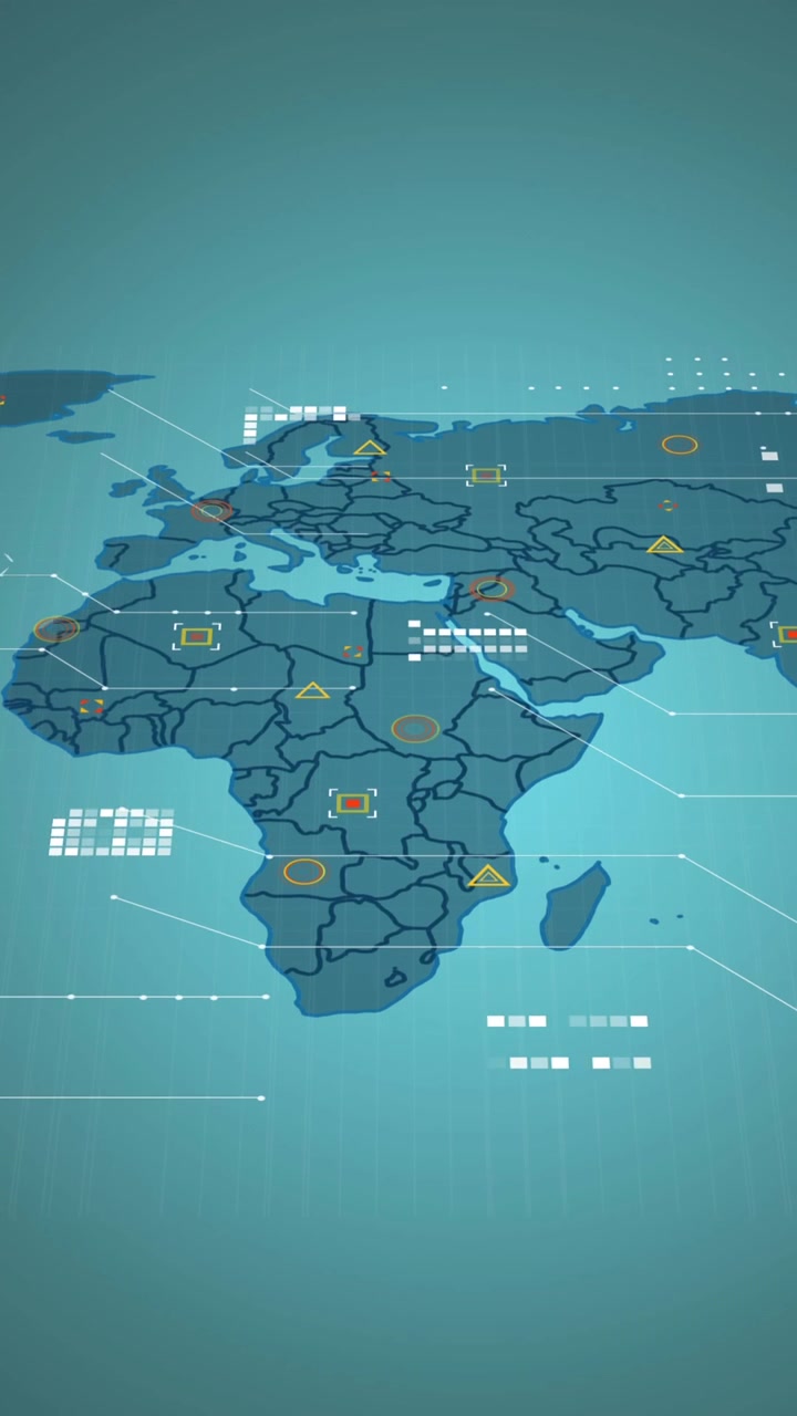 Animation of data processing over world map against blue gradient background