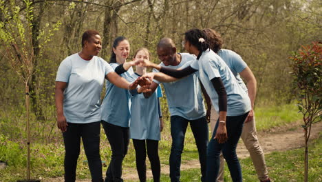 cheerful proud team of activists join forces to clean a forest