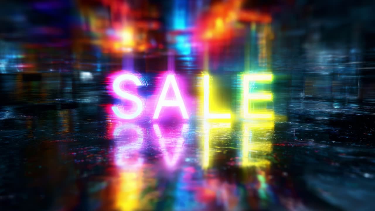 Vibrant and Colorful Sale Announcement: Eye-Catching Neon 'SALE' Sign Reflects in a Glowing Background, Perfect for Attracting Shoppers and Highlighting Discounts