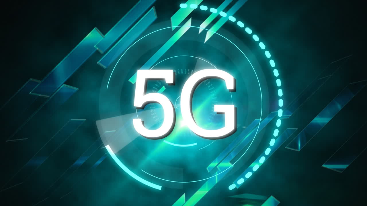 animazione di 5g scritta su cerchi blu che si muovono su sfondo nero
