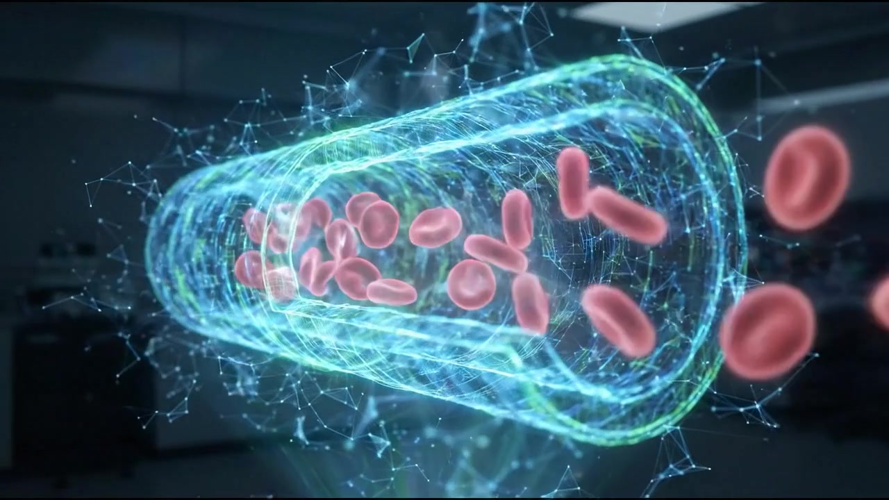 Rendering 3D microscopico di globuli rossi che scorrono all'interno di una vena vascolare
