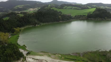 Azores:-Aerial-Panoramic-over-Furnas-Lake-and-Fumarolas,-São-Miguel-Island