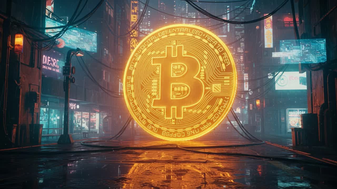A Stunning Glimpse into a Futuristic Urban Landscape featuring a Massive Bitcoin Symbol Illuminating the Night with a Touch of Cyberpunk Aesthetics and Digital Marvel