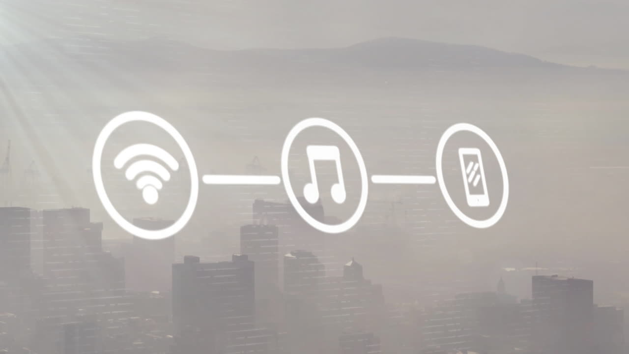 Animazione di una rete di icone wifi e multimediali su un paesaggio urbano moderno
