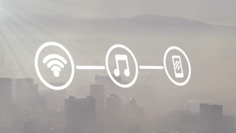 animación de la red de wifi y iconos de medios sobre el paisaje urbano moderno