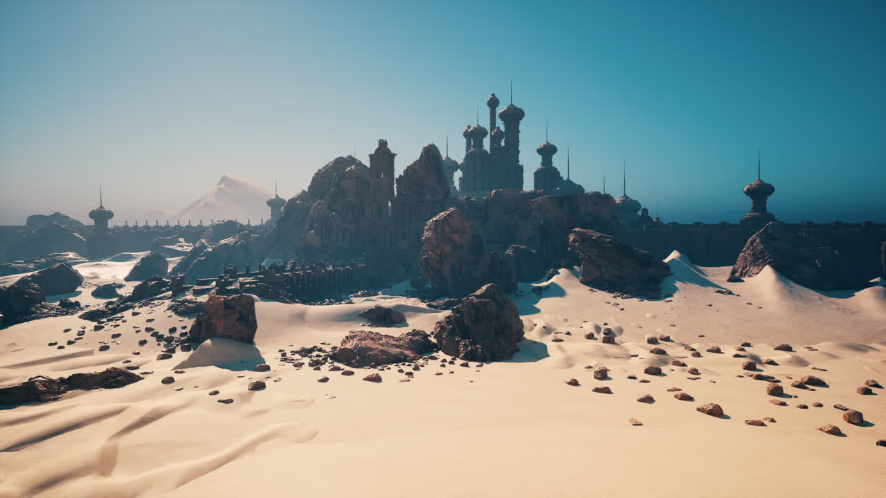 Arid dunes and historic stronghold under turbulent sky and isolated people
