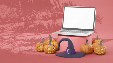 Maqueta-De-Pantalla-Blanca-De-Computadora-Portátil-Con-Decoraciones-De-Halloween