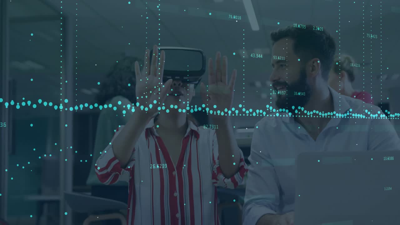 In school, colleagues collaborating using animation for virtual reality data visualization