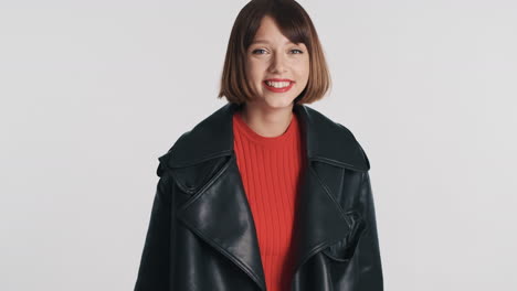 Cheerful-woman-wearing-black-leather-jacket