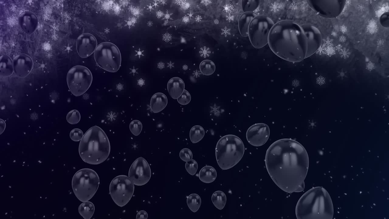 떨어지는 눈송이와 검은색 배경에 날아다니는 검은색 풍선의 애니메이션