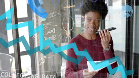 animation of data processing over african american businessman in office