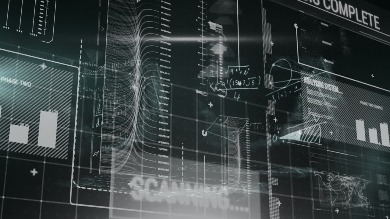 Animation of interface with data processing over mathematical equations against black background