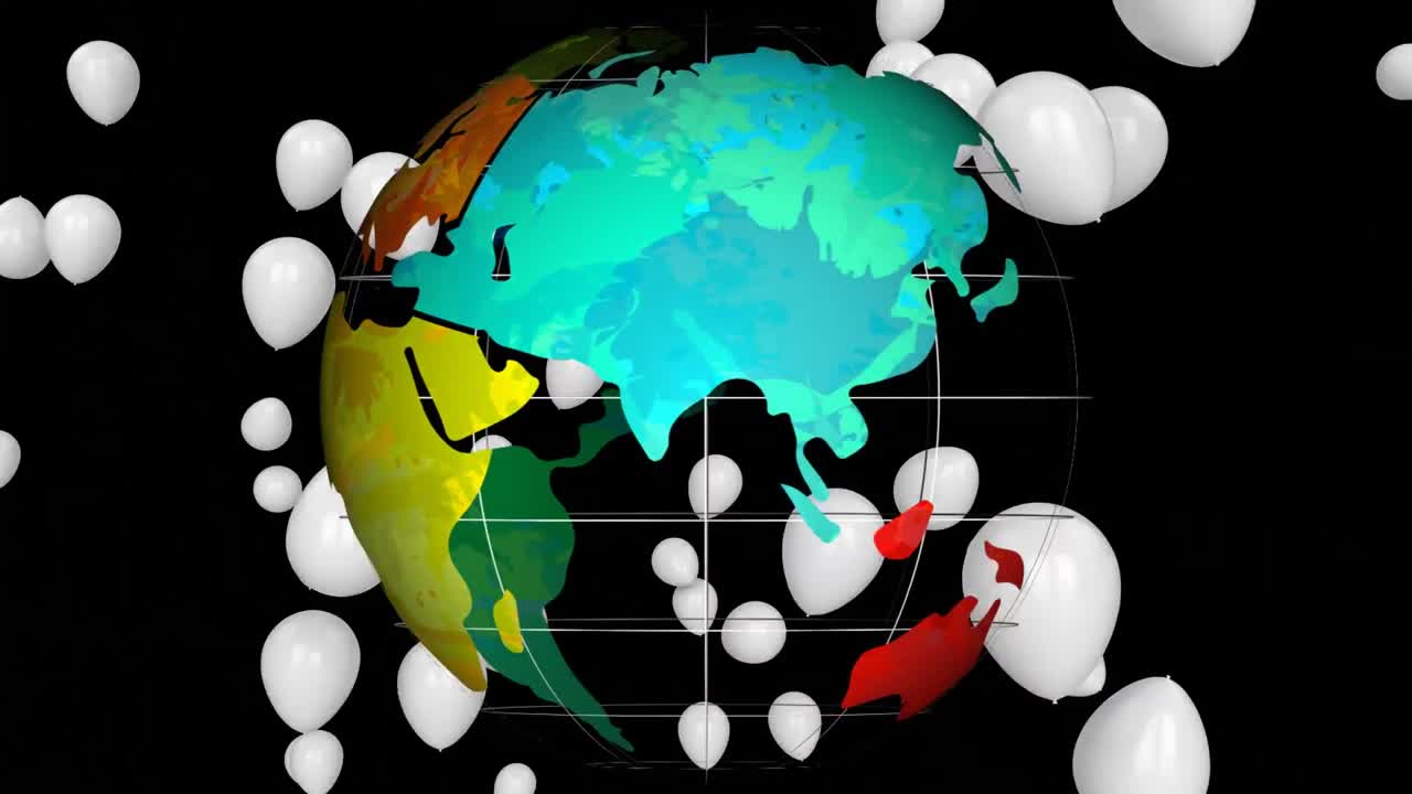 animación de globos volando y girando sobre un fondo negro