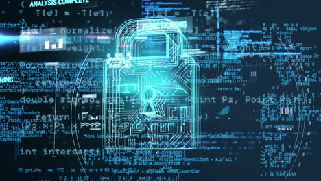 animazione del lucchetto di sicurezza online sull'elaborazione dei dati blu incandescente