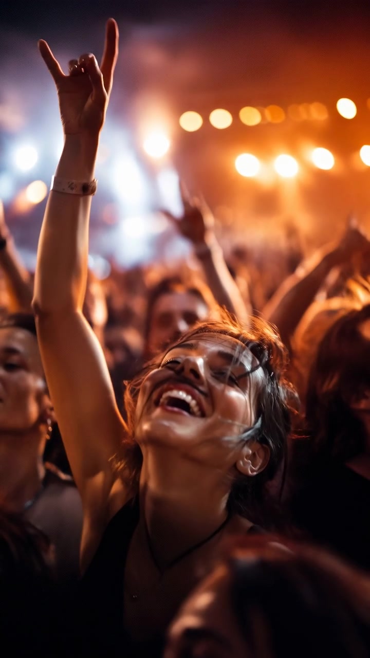 Giovane donna sorridente in primo piano inclina la testa verso l'alto e grida di gioia mentre mani e braccia alzate la circondano, gesti rock, braccialetti, luce calda, foschia e l'energia vibrante della folla riempiono la scena