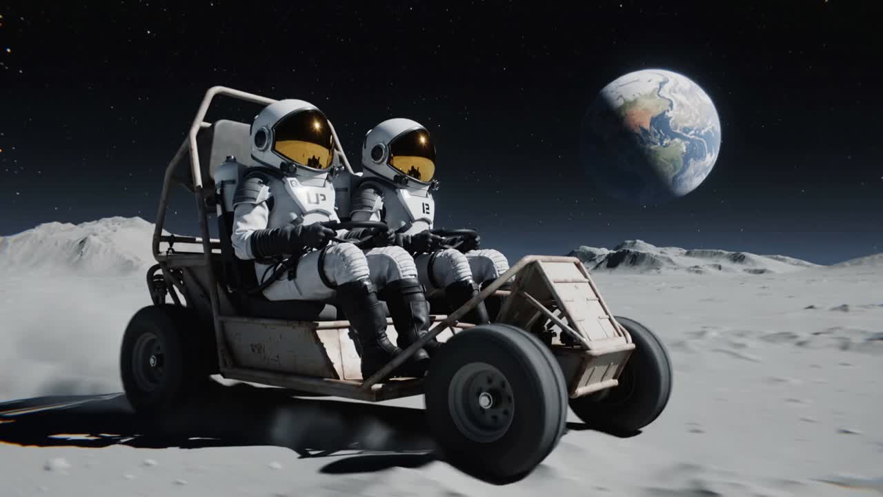 Driving 2-seat rover on lunar plain driver starting tires kicking dust suited crew on mission Earth