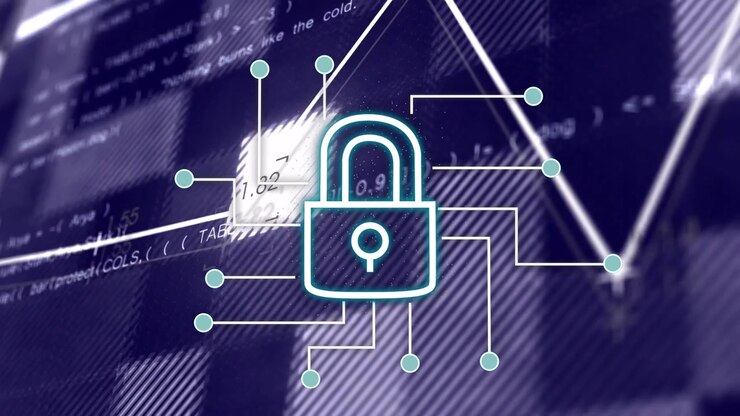 Padlock reacting to sweep, becoming neon security mesh, nodes lighting, chart rising, securing data