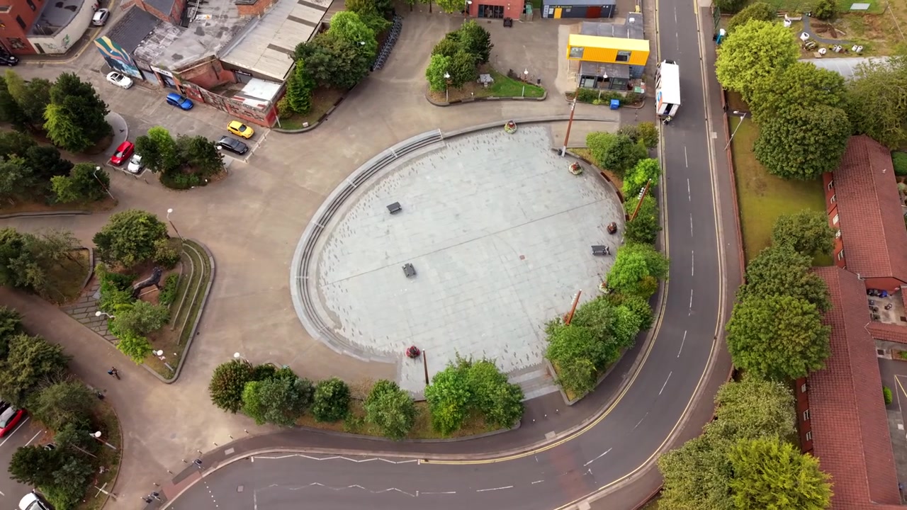 Overhead rotating 4K 30FPS slow motion aerial video of CS Lewis Square in East Belfast, Northern Ireland, UK. Produced in 3840x2160 with Rec709 colour.