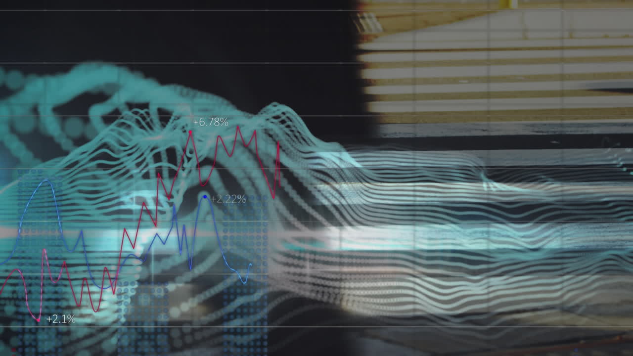 Animation of financial data processing over pedestrians walking in fast motion