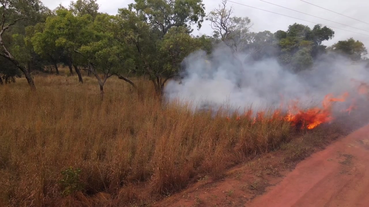 Luftfoto af en græsbrand, der blusser op ved siden af en rød grusvej i Cape York, Queensland, Australien. Langt tørt græs brænder med lyse flammer og opstigende hvid røg i den fjerntliggende australske Outback. 46