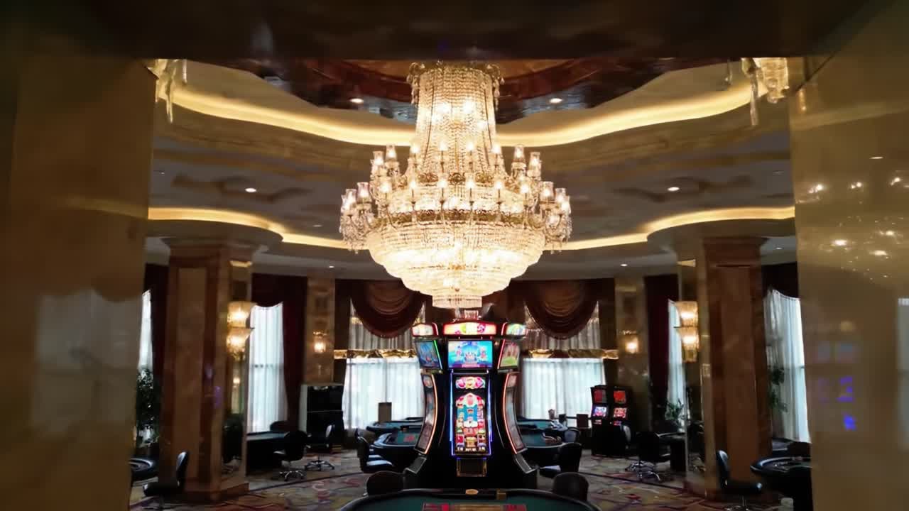 A Luxurious Gambling Haven with Elegant Chandelier Overlooking Slot Machines and Gaming Tables in a High-End Casino Atmosphere Filled with Glamour and Excitement