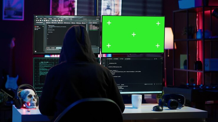Cybercriminale che carica USB contenente informazioni rubate su un PC a schermata verde