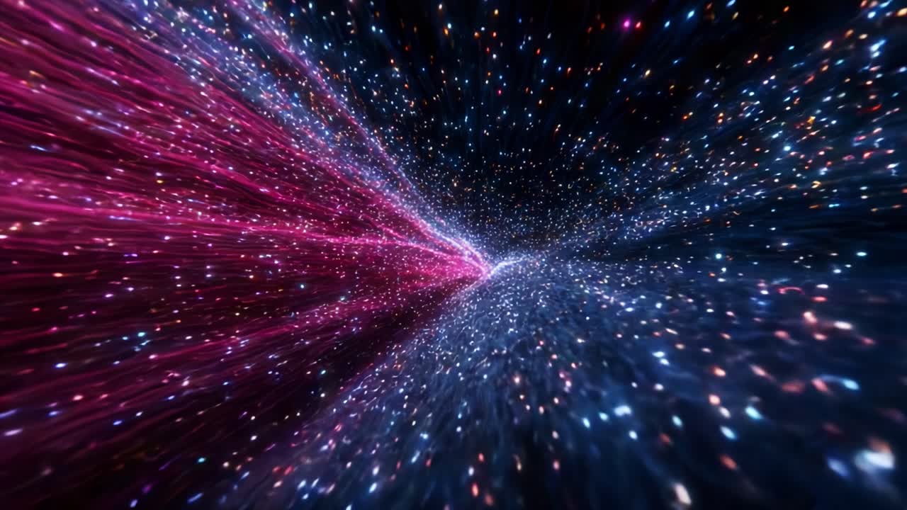 A mesmerizing cosmic journey through vibrant streams of light and color, showcasing the dynamic flow of stars and galaxies in a vast cosmic expanse, inviting exploration and wonder