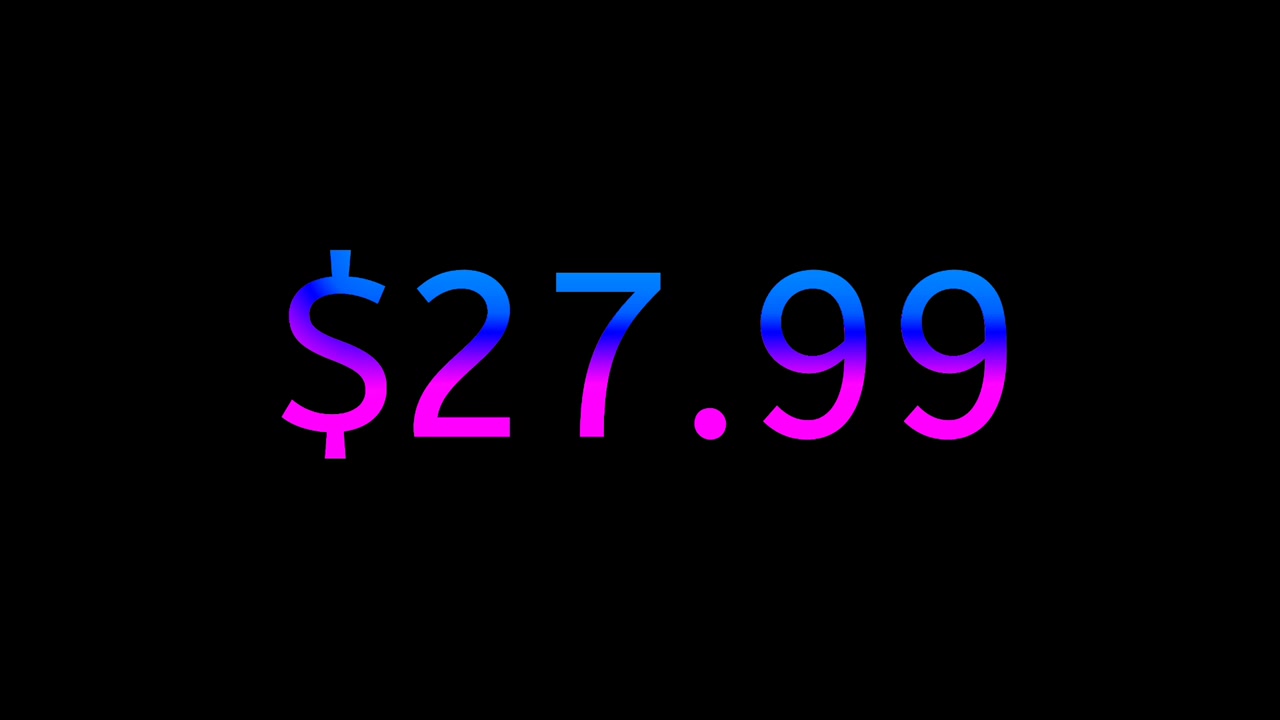Modern Neon Fiyat Etiketi 27.99 Dolar Animasyonlu Parlayan Gradyan Para Birimi Metni Hareketli Grafikler Siyah Arka Plan Üzerinde, Döngülenebilir İş Konsepti.