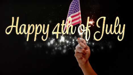 animation of 4th of july text over hand holding flag of united states of america