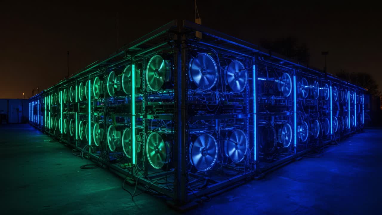 A Stunning Display of Advanced Cooling Systems in a High-Tech Environment, Showcasing the Impressive Design and Functionality of Modern Equipment Against a Nighttime Backdrop