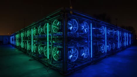 a stunning display of advanced cooling systems in a high-tech environment, showcasing the impressive design and functionality of modern equipment against a nighttime backdrop