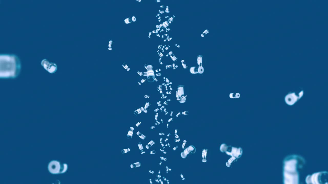 파란색 배경에 많은 백신 병을 날려. 의학 개념. 바이러스 치료. 투명한 액체. 백신의 3d 루프 애니메이션.