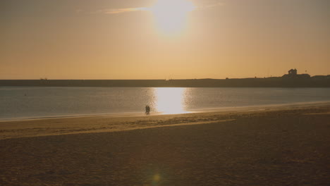 Couple-walk-along-the-beach-with-dog-at-sunrise,-back-lit