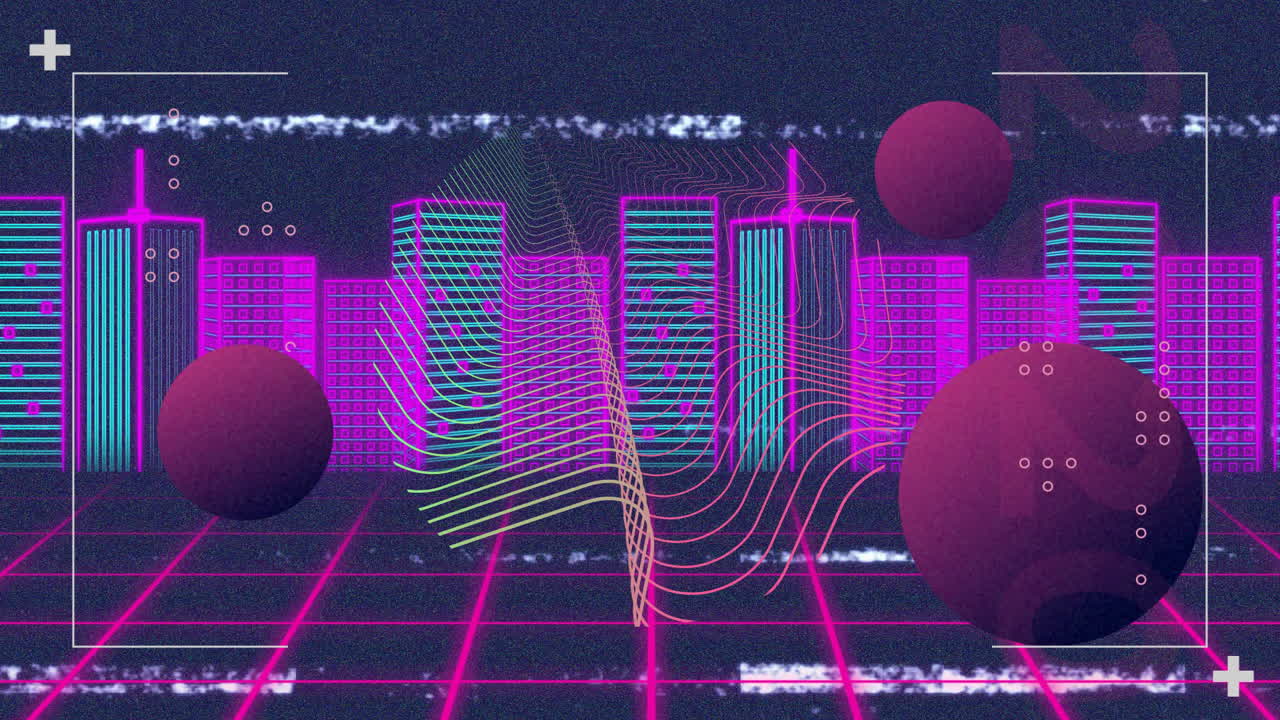 Animation of retro futuristic cityscape with neon grid and geometric shapes floating