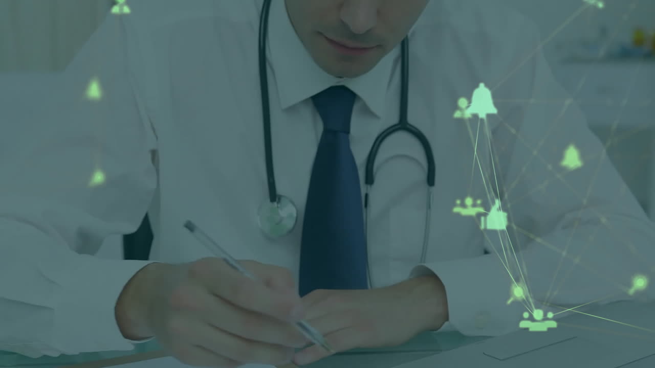 백인 남성 의사 문자에 대한 아이콘과 연결 네트워크의 애니메이션