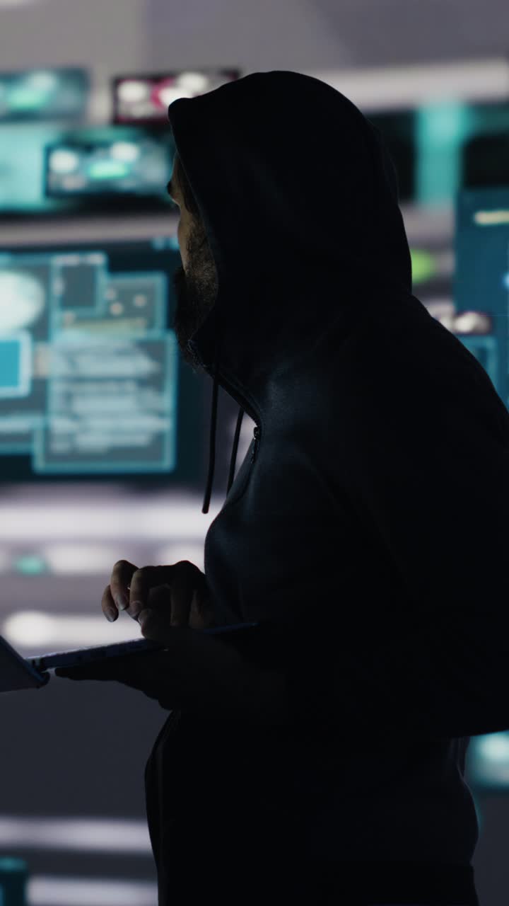 Vertical Video Conceptual representation of cyber crime with male hacker