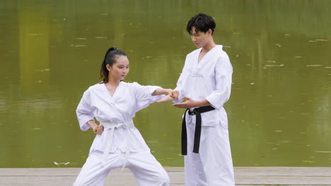 hombre enseñando artes marciales a un joven estudiante