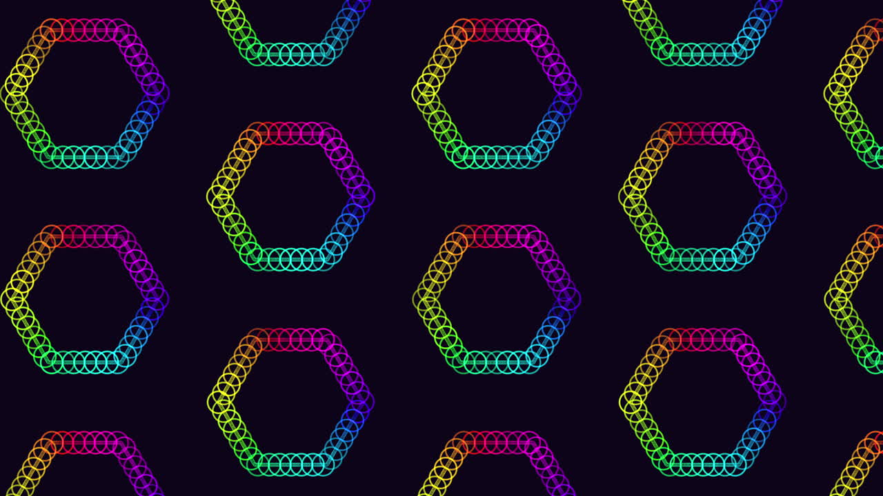 검은색 그라데이션에 무지개 반지와 함께 네온 미래주의 육각형 패턴