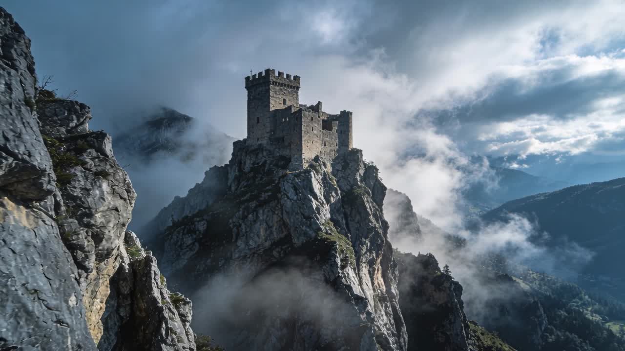 Fortezza di pietra arroccata su un crinale, con una telecamera aerea che si avvicina, rivelando nebbia e luce solare per le riprese.